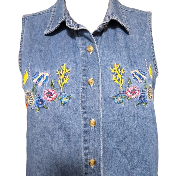 VTG Grannycore Denim Button-Up Vest Wmns M Embroidered Tropical Fish & Seashells - Picture 4 of 12